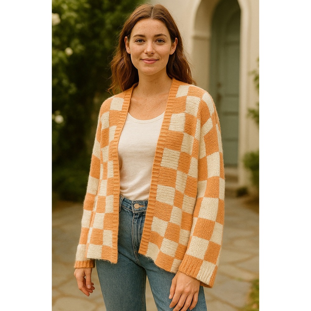 Miss Love Checkerboard Open‎ Front Cardigan Sweater Peach White Size S Acrylic